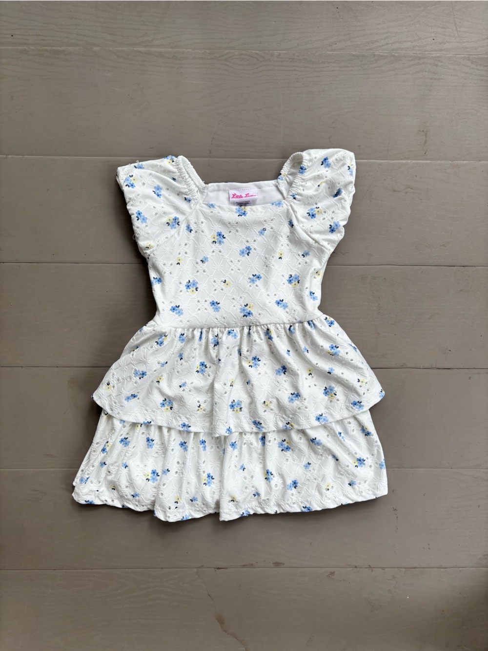 Little Lass White Dress with Blue Floral Print and Ruffle